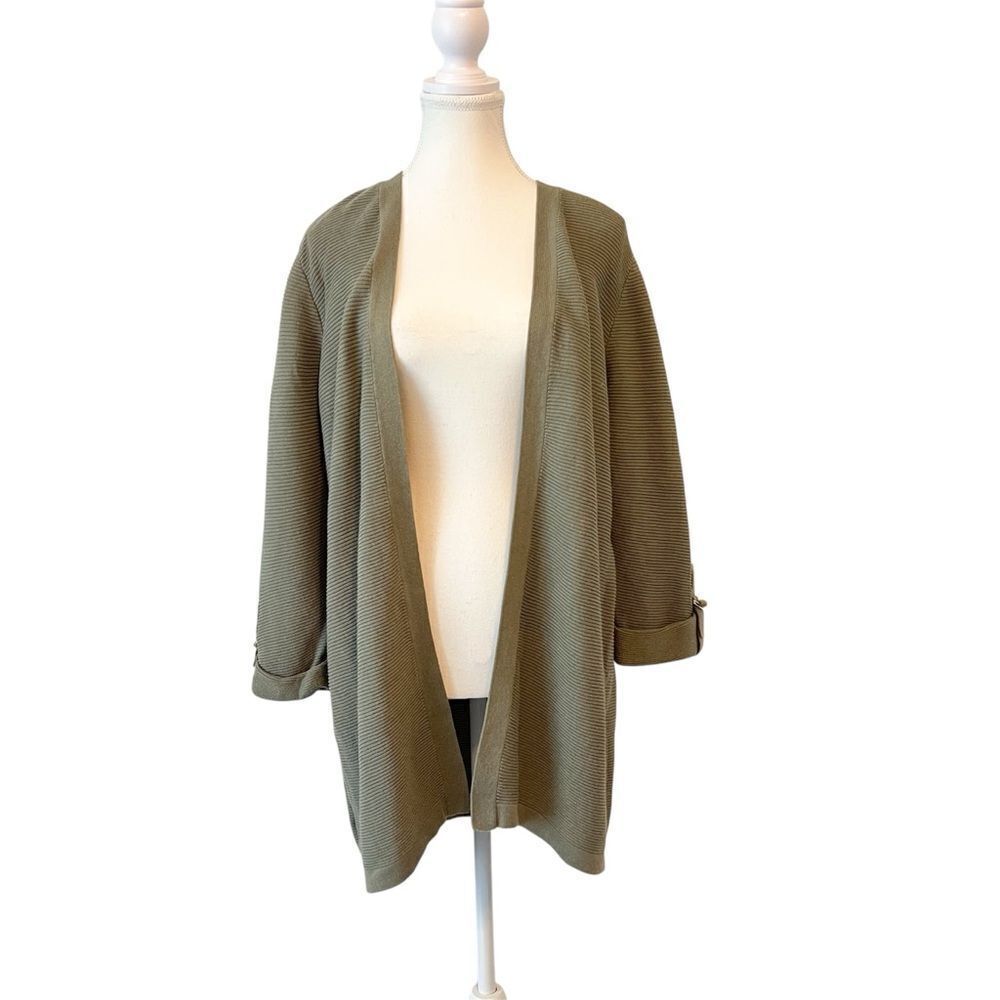Chico’s Olive Green Open Front Cardigan Size Large Cotton